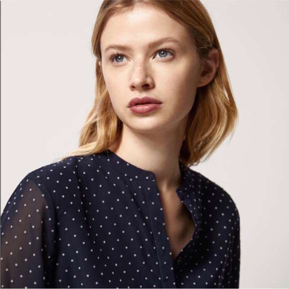 MASSIMO DUTTI Navy Blue Flocked Polka Dot Long Sleeve Fit & Flare Dress Women 10 - Picture 4 of 16